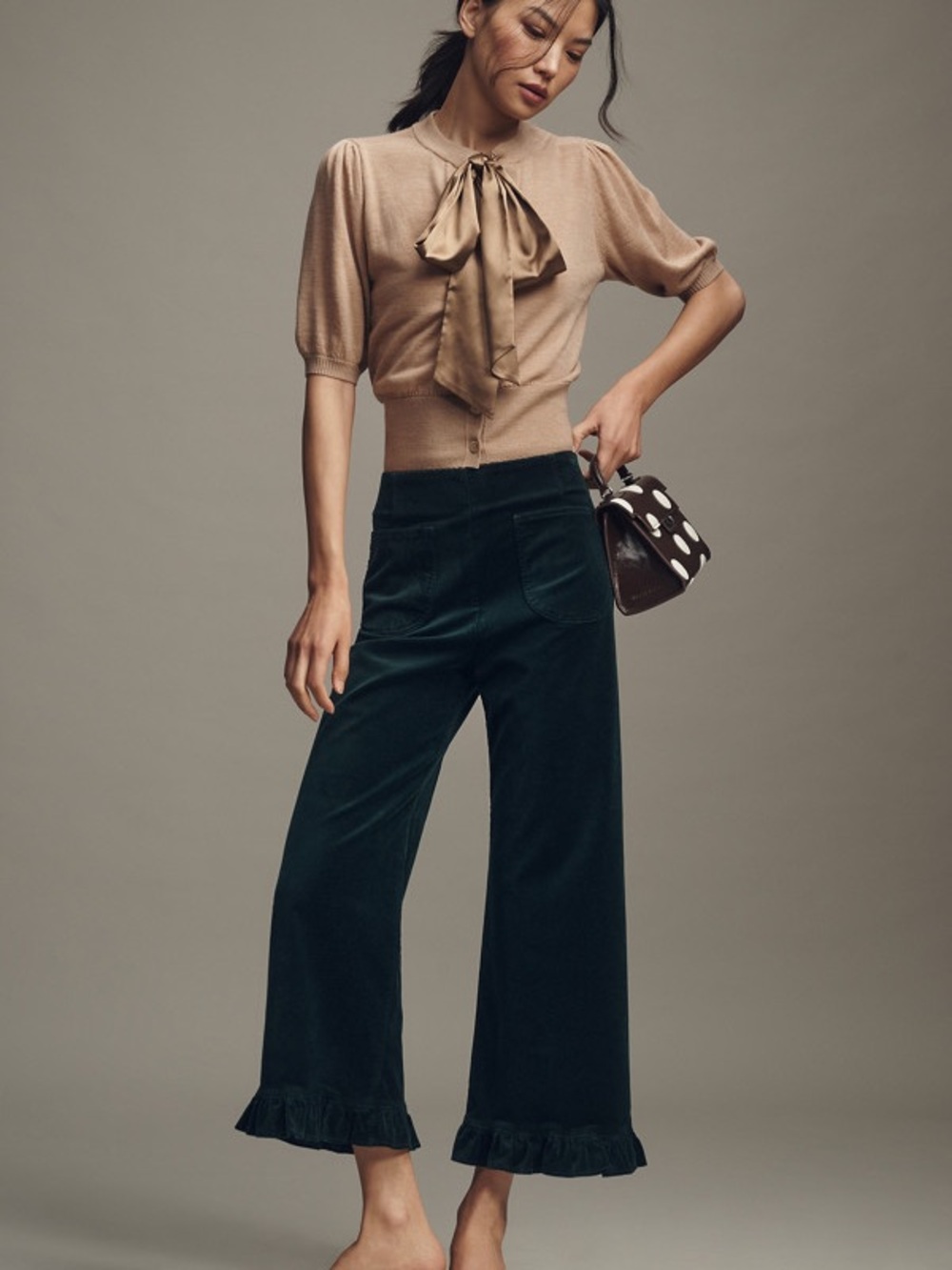 Anthropologie Maeve The Colette Crop Velvet Ruffle-Hem Pants 29 Dark Hunter NWT - Picture 2 of 10